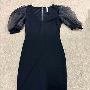 Chocolate Black Dress with Sheer Puff Sleeves